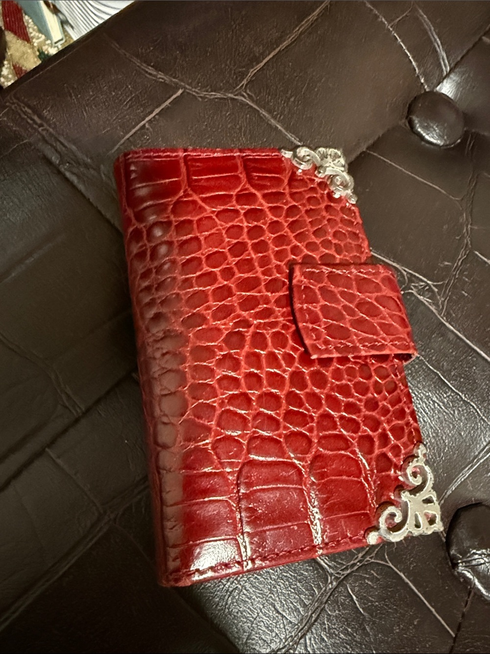 Brighton Red Croc-Texture Wallet with Silver Filigree Corners